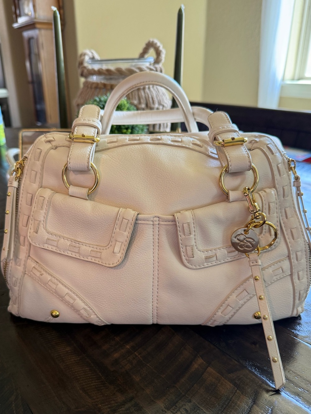 Jessica Simpson Off White Satchel Handbag with Gold Hardware
